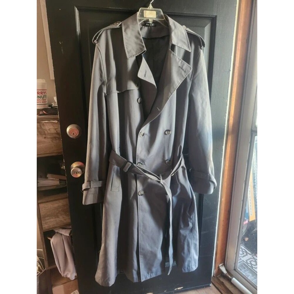 Vintage Gray Double Breasted Trench Coat Belted Cyberpunk Detective Goth L Large